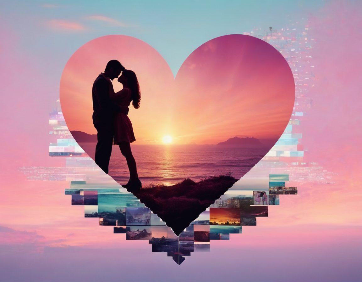 A captivating collage featuring iconic romantic movie scenes blended with elements of digital media, like smartphones and streaming platforms. Incorporate a heart shape formed by pixelated graphics, with soft pastel colors creating a dreamy atmosphere. Include diverse couples expressing love in various settings, reflecting the modern influence of technology on romance. The background should be subtly infused with film reel and circuit patterns. vibrant colors. digital art.
