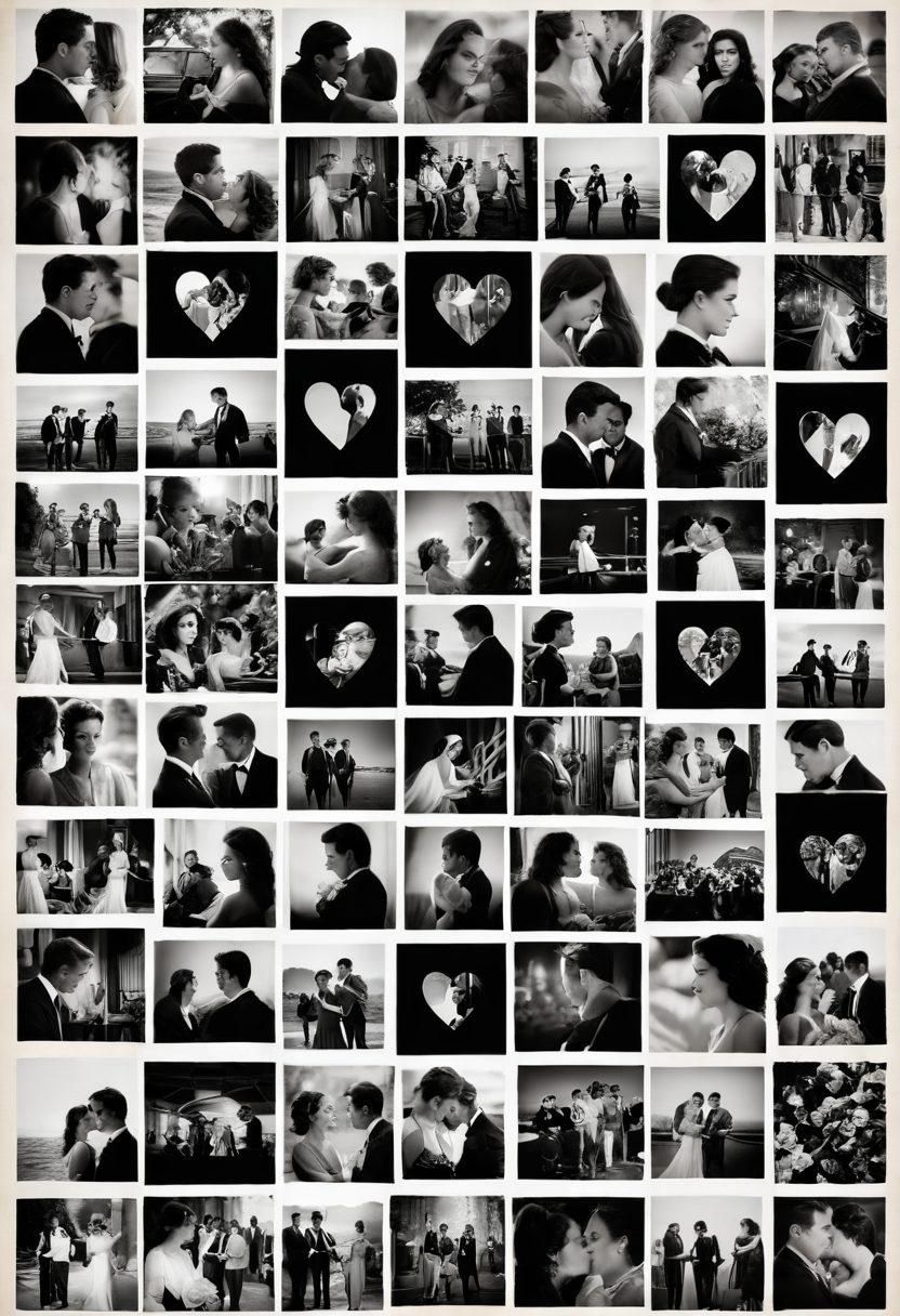A dynamic collage showcasing iconic scenes from classic romance films transitioning into modern love stories. On the left, feature black-and-white film frames of couples in intimate moments, and on the right, vibrant snapshots of contemporary relationships with diverse characters. Blend elements like hearts, roses, and film reels throughout the image. Include a soft gradient background that merges vintage and modern aesthetics. vibrant colors. collage style.