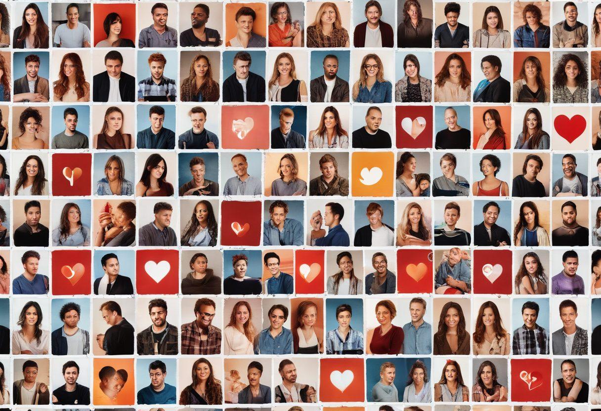 A heart-shaped collage made of various social media icons representing affection, with vibrant illustrations of diverse people engaging through screens in warm, loving interactions. Background features a blend of entertainment symbols like film reels and music notes. The overall tone should depict warmth and connection, showcasing the emotional impact of social media on relationships. super-realistic. vibrant colors. white background.